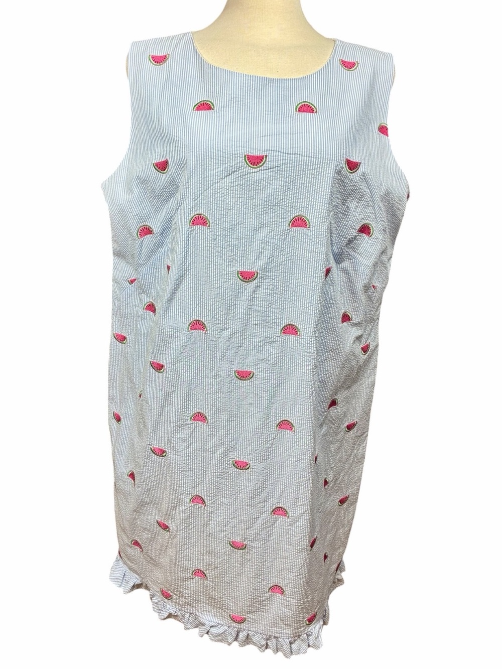 Talbots Blue Watermelon Embroidered Seersucker Shift Dress Women's Size 14W